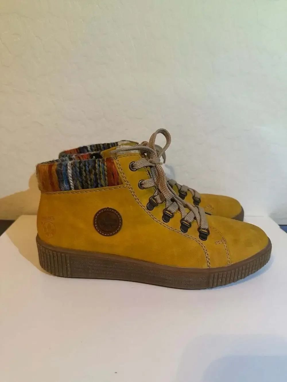 Rieker M6411 Mustard Yellow Faux Fur Lined Lace-Up Ankle Boots - Picture 2 of 6